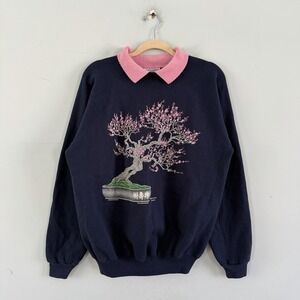 Vintage Morning Sun Bonsai Sakura Collared Navy Blue 90's Sweatshirt USA Made